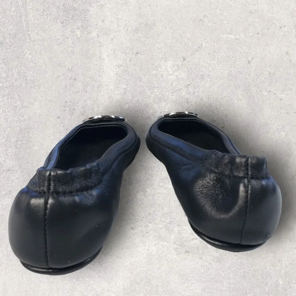 Tory Burch Womens Black Leather Shoes Size 5 Logo Minnie Travel Ballet Flats